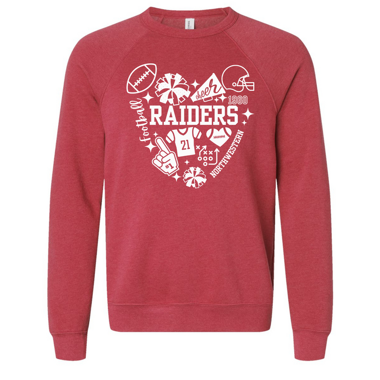 ALL THINGS RAIDER FOOTBALL HEART BELLA RAGLAN HEATHER RED SWEATSHIRT